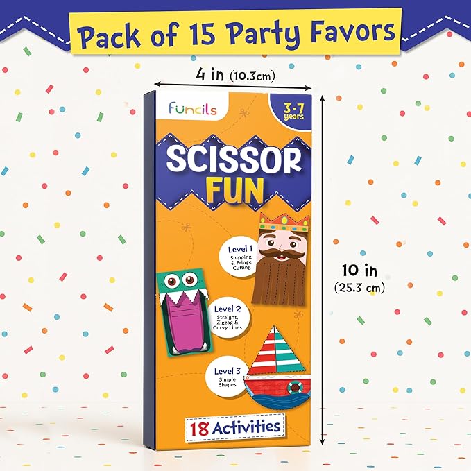 Funcils Educational Kids Party Favors (15 Pack) - Scissor Skills Craft Activity Kits with Book, Scissors & Glue - Birthday Goodie Bags Stuffers, Classroom Return Gifts for Boys & Girls Ages 3 4 5 6 7