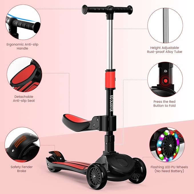 2-in-1 Adjustable Kick Scooter for Kids 3-5 (Suitable 3-12 Years),5-Level Handlebar & Removable Seat, LED Light-Up Wheels, Wide Deck, Foldable Design for Indoor/Outdoor Use - Girls & Boys