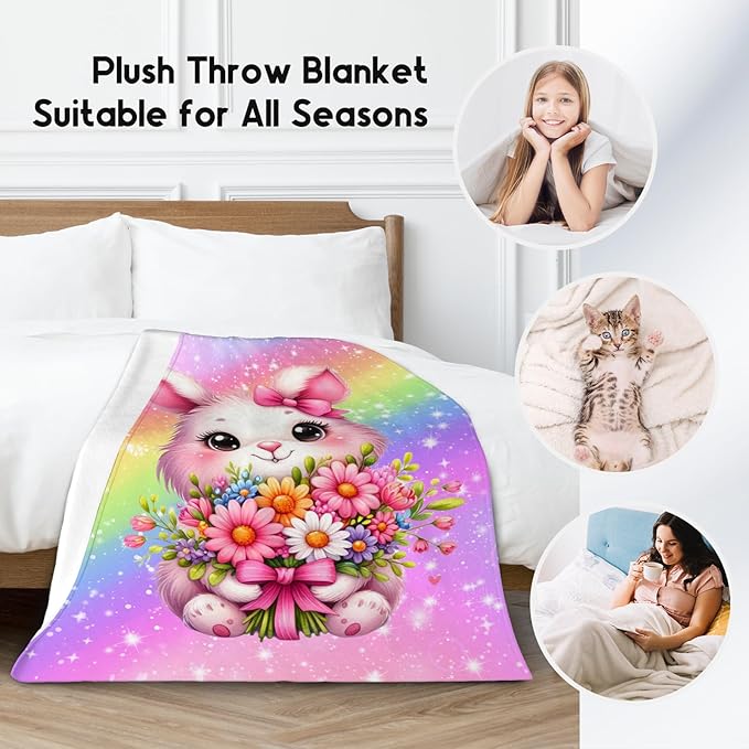 Kids Throw Blanket, Bunny Blanket for Girls, Gifts for Daughter Women, 60"x80" Rainbow Throws Decor