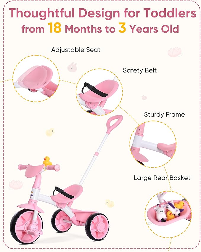 KRIDDO 2 in 1 Kids Tricycles Age 18 Month to 3 Years, EVA Wheels, Gift Toddler Tricycle, Trikes for Toddlers 2 to 3 Year Old with Push Handle, Duck Bell, Pink