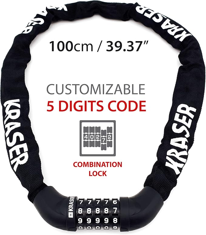 KRASER KR610 Bike Chain Lock, Extra Safety with 5 Digit Code, Thicker and More Durable ø8mm/0.31in Steel Links with Nylon Cover, Anti Theft for Bicycle, Scooter, Gates, Containers, 100cm/3.2ft Long