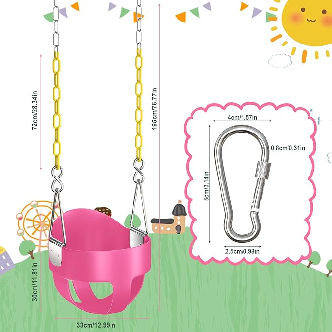 AGPTEK High Back Full Bucket Toddler Swing Seat with Yellow Coated Swing Chains and Carabiners Baby Swing Outdoor for Easy Install (Pink)