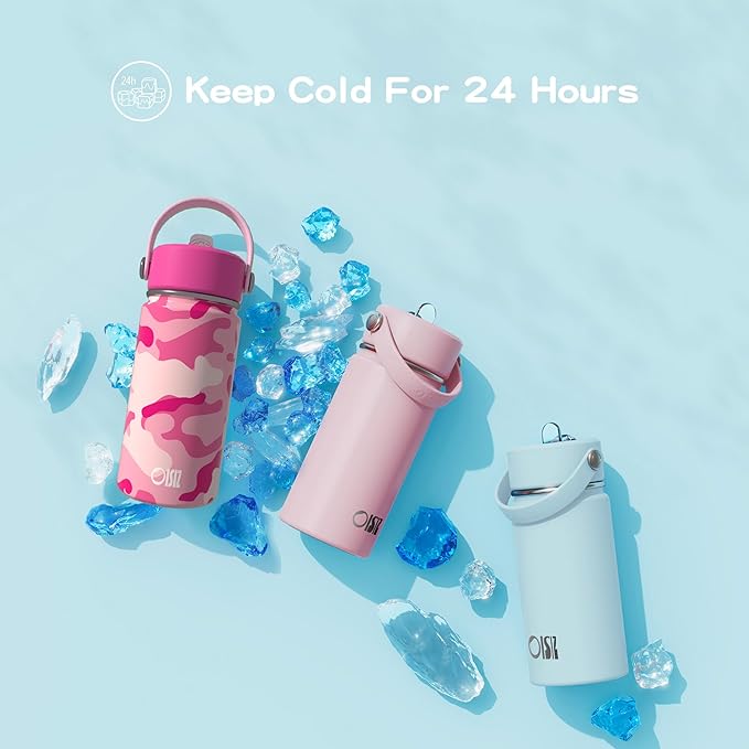 OISIZ Kids Water Bottle with Straw Lid 14oz, Vacuum Insulated 316 Stainless Steel Water Bottles for Kids for School, Leakproof Water Bottle, BPA Free and Keep Cold for 24 Hours
