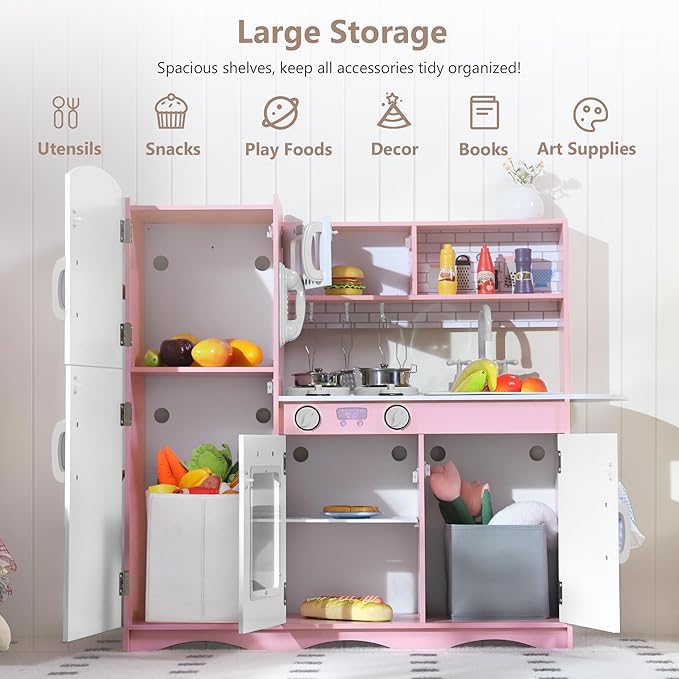 Kinder King Wooden Kids Play Kitchen, Toy Kitchen Playset for Toddler, Pretend Oven, Microwave, Telephone, Chalkboard, Interactive Doors, Knobs, Realistic Kitchen Sets for Boys Girls Age 3+, Pink