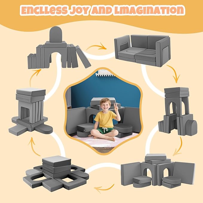 12Pcs Modular Kids Play Couch Multifunctional Foam Toddler Sofa Convertible Kids Sofa Playroom Bedroom Furniture Floor Foam Explorer Couch with Building Fort Feature for Boys and Girls (dark gray)