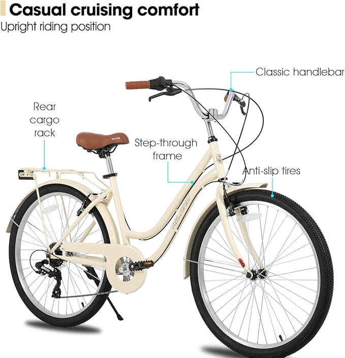 HILAND 26 inch Beach Cruiser Bike for Men and Women, 7 Speed Step-Through Frame Adult Bicycle with Rear Rack, Retrospec Bike Commuter City Bicycle