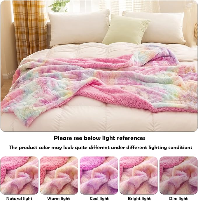 NEWCOSPLAY Super Soft Faux Fur Throw Blanket for Couch Light Rainbow Sherpa Fuzzy Plush Warm Blanket for Sofa Bed (Light Rainbow, Throw(50"x60"))