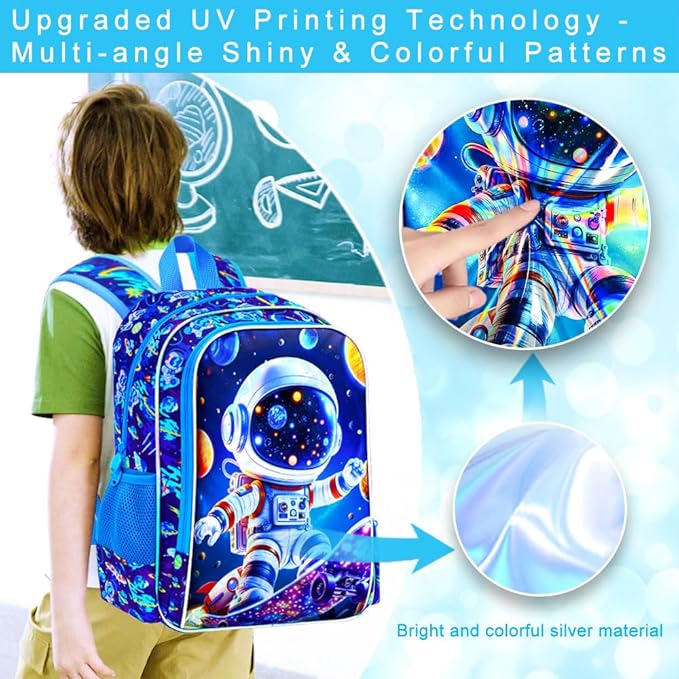 16" Space Boy Backpack, 3Pcs Astronaut Bookbag for Elementary Preschool Kindergarten, Kids School Backpacks with Lunch Box (Blue)