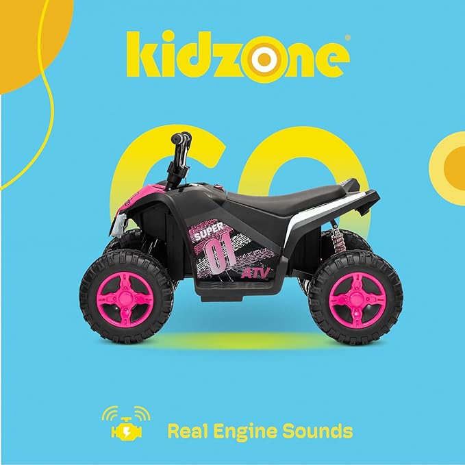 Kidzone 12V Kids Ride On ATV, Electric 4-Wheeler Car for Toddlers 37-96months, Battery Powered Vehicle w/LED Headlights, Rear Suspension, Forward/Reverse, Up to 3.7 MPH, 88 lbs Capacity - Pink
