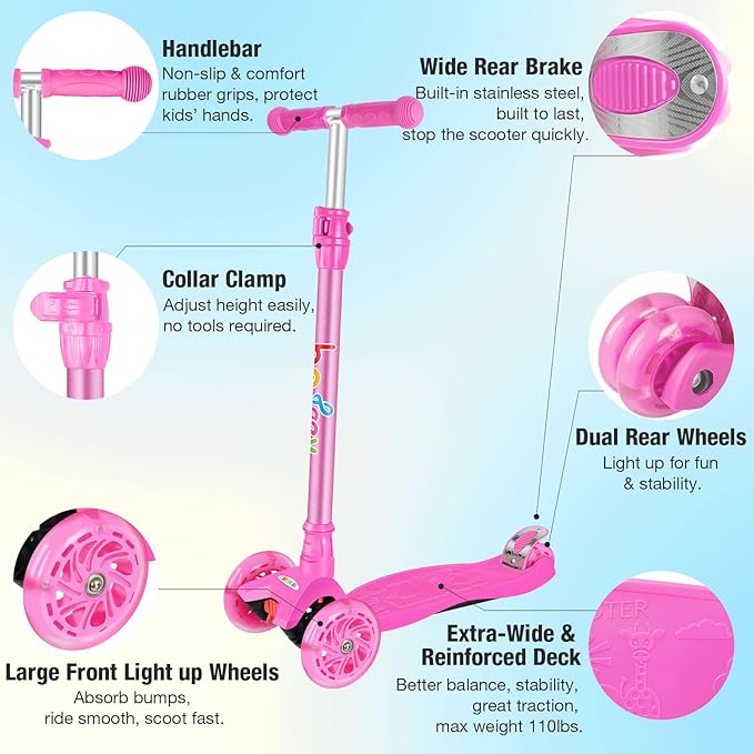BELEEV Scooters for Kids 3 Wheel Kick Scooter for Toddlers Girls Boys, 4 Adjustable Height, Lean to Steer, Light up Wheels, Extra-Wide Deck, Easy to Assemble for Children Ages 3-12 (Rose Pink)