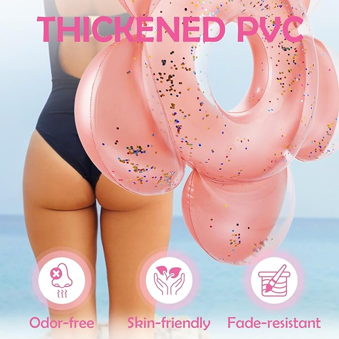 HeySplash Pool Floats for Adults, Large Floats Inflatable Floatie Loungers with Glitter, Swim Tube River Lake Wedding Bride Engagement Party Decor Toy Raft, Flower Bachelorette Fun Decor, Rose Gold