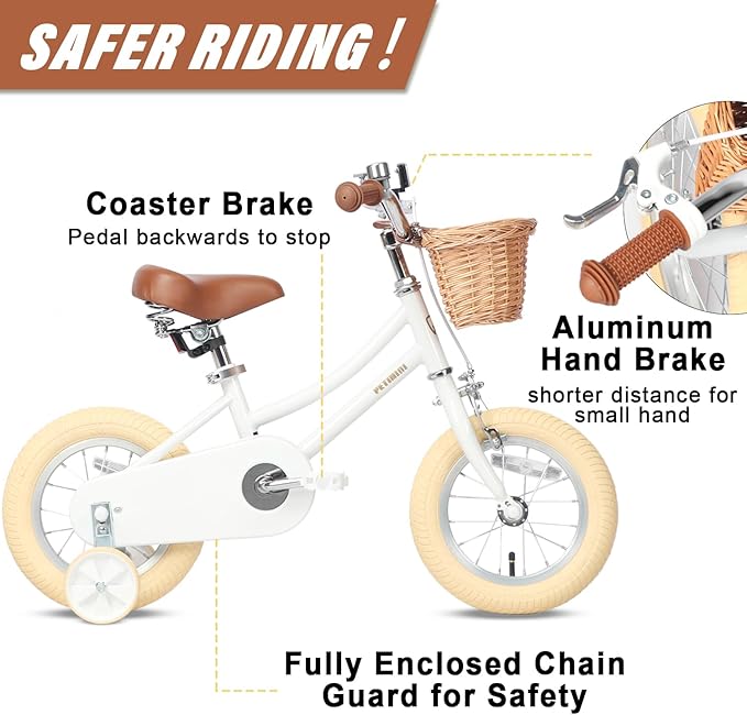 Petimini Girls Bike with Basket for 2-12 Years Old Kids, 12 14 16 18 20 Inch Bicycle with Bell Training Wheels Basket, Multiple Colors