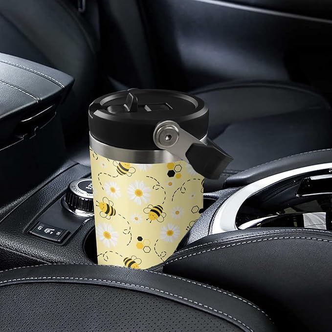 30 oz Bee tumbler With Handle Lid and Straw,Queen Bee Flip Straw Coffee Mug Cup Tumbler Water Bottles,Honey Bee themed Gifts for Women Daisy Flowers,Bee Decor