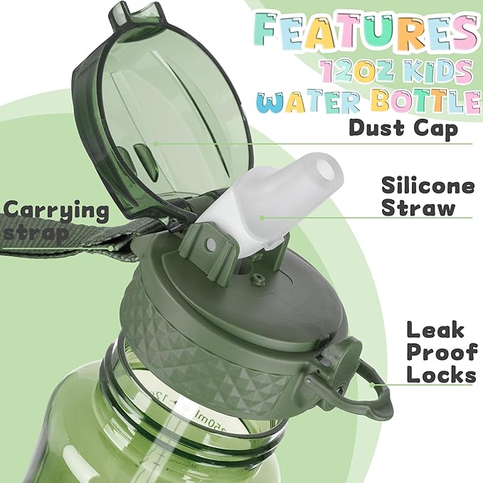OLDLEY 12oz Kids Water Bottle for School - Motivational With Silicone Straw, Leak-Proof Tritan BPA-Free, Reusable for Girls Boys, Jade