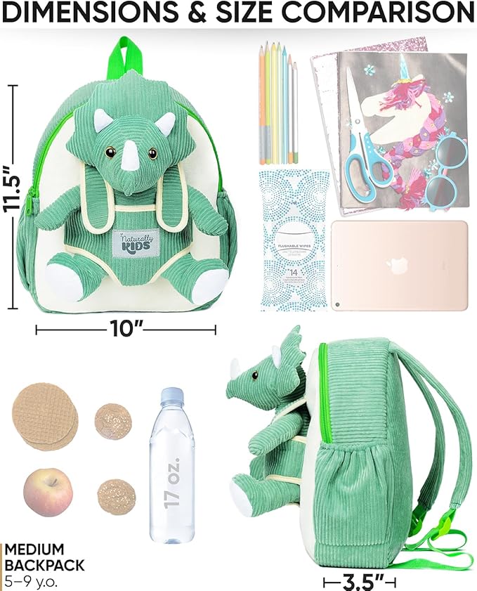 Naturally KIDS Green Dinosaur Backpack for Boys 4-5, Triceratops Dinosaur Gifts for 4-5 Year Old Boys, Girls, Toddler Backpack