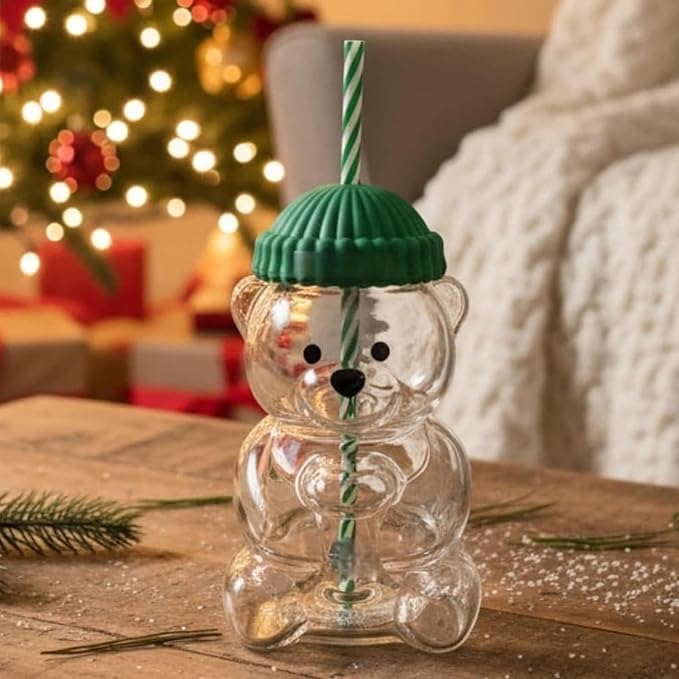 Glass Bear Cup, Bear Straw Cup,20oz Borosilicate Glass Baby Mug with Lid,Cute Mugs Bears Sippy Cups Coffee Milk & Tea Drinks Glassware for Christmas