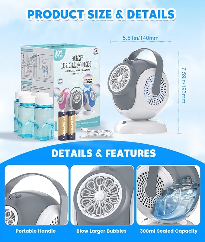Rechargeable Bubble Machine, Automatic 360° Rotation, 75° Adjustment Bubbles Blower with 10 Large Holes Wands for Kids, Toddlers Outdoor Play, Wedding, Birthday Party, Gifts Toys for Boys, Girls