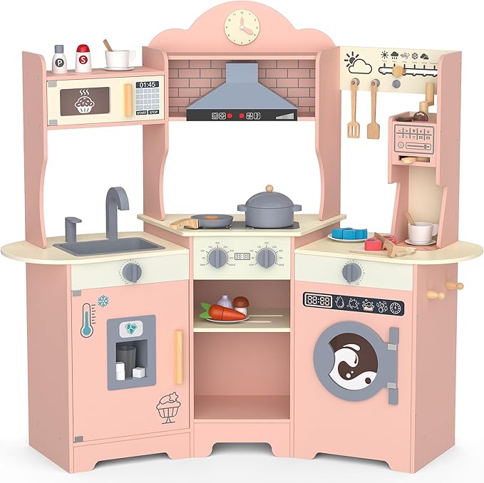 ANPABO Play Kitchen for Kids Aged 3+, Wooden Kitchen Playset w/Real Lights & Sounds, Coffee & Ice Maker, Microwave, Stove, 30Pcs Accessories Include Play Food, Pretend Play Set for Boys & Girls, Pink