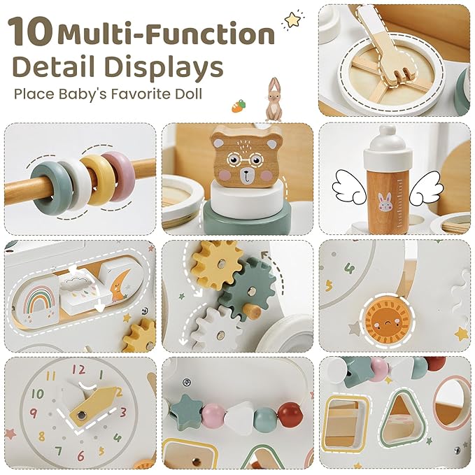 labebe Wooden Baby Walker, Baby Push Walker Doll Stroller, Push Activity Walker for Kids 18M+, Adjustable Speed Learning Walking with Wheels, Birthday Gift for Girls Boys Ages 1-3