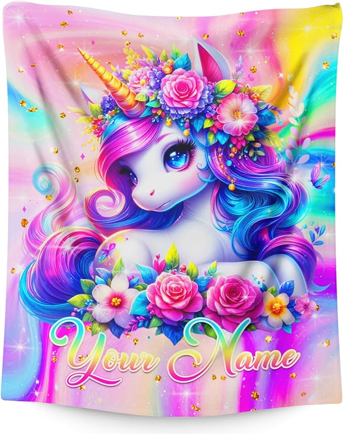 Personalized Blanket for Girls Kids Teens, 50"x40" Unicorn Throw Blanket Gifts for Girls Age 6-8, Custom Soft Flannel Snuggle Throws for Couch Sofa Bed Travel