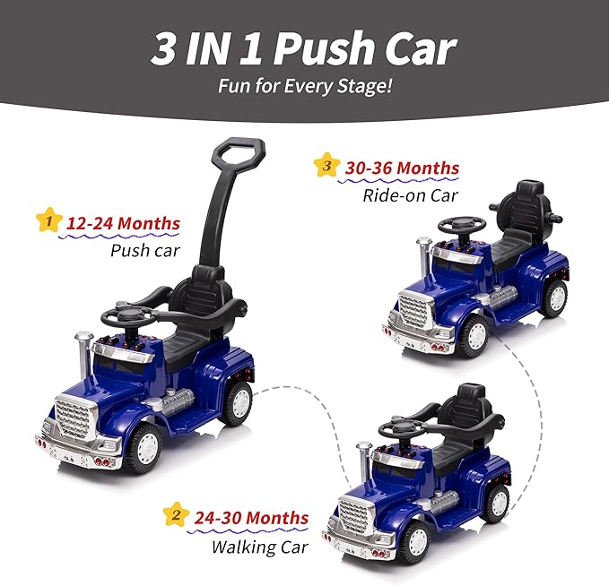 3-in-1 Ride on Push Car for Toddler with Handle, Toddler Ride on Toy for Boys, Stroller Sliding Walking Car w/Music, Horn and Lights - Blue