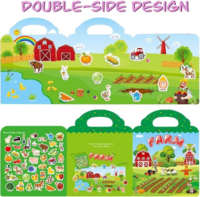 Reusable Sticker Books for Kids, Travel Removable Toddler Farm Sticker Books for 3 4 5 Year Old Girls Boys Birthday Gifts Educational Learning Toys