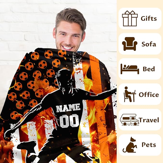 Personalized Soccer Blankets for Boys Men, Cool Throw Blanket for Adults Soccer Lovers, Custom Name 60x80 Soft Throws for Couch Sofa