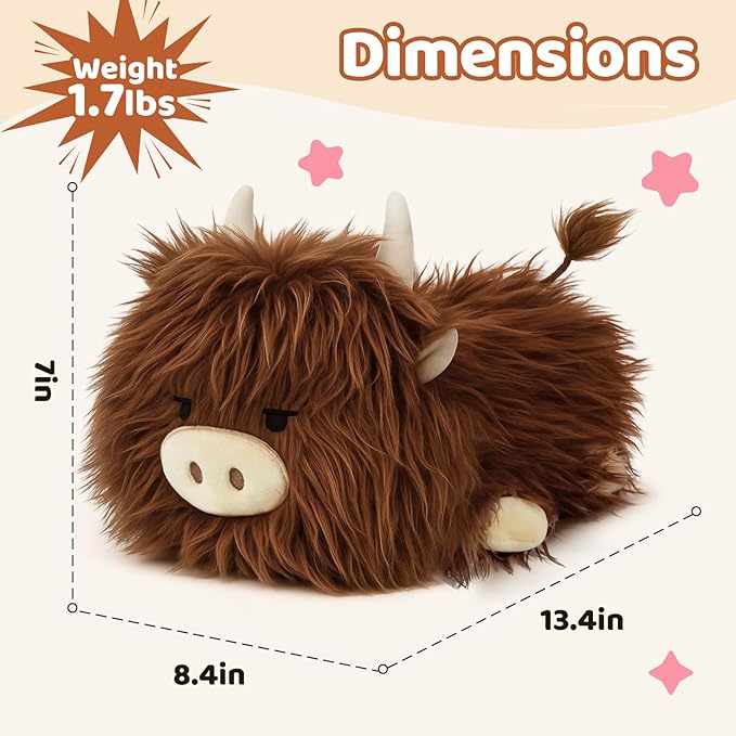 Puffpals Weighted Plush, Cute Highland Cow Weighted Stuffed Animal with Beads, Soft Sensory Plush Pillow Toy for Kids & Adults (13.4in, 1.7lbs)