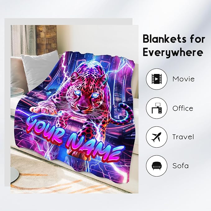 Personalized Blanket for Kids - Cheetah Blanket for Boys Men - Cozy Fleece Animals Blankets for Sofa Bed - 4 Size Options
