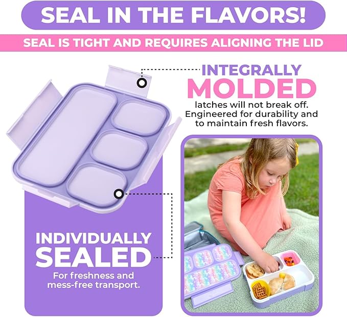 Bento Lunch Box with Insulated Bag, Ice Pack and Bento Accessories for Girls. Snack Containers with 4 Compartment Dividers for Toddlers Pre-School Daycare BPA Free Set, Utensils, Rainbow Unicorn