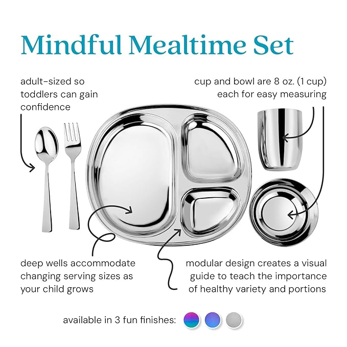 Ahimsa Stainless Steel Kids Dinnerware Set, Pediatrician Designed, 5 Piece Toddler Plates and Bowls Set, Stainless Steel Divided Plate, Cup and Kids Utensils