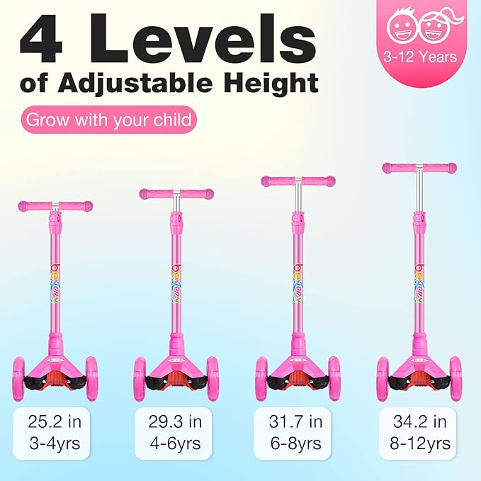 BELEEV Scooters for Kids 3 Wheel Kick Scooter for Toddlers Girls Boys, 4 Adjustable Height, Lean to Steer, Light up Wheels, Extra-Wide Deck, Easy to Assemble for Children Ages 3-12 (Rose Pink)