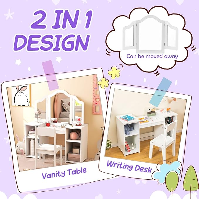 Costzon Kids Vanity, 2 in 1 Princess Makeup Desk & Chair Set with Detachable Tri-Folding Mirror, Storage Shelves, Wooden Toddler Vanity Dressing Table, Vanity Set for Little Girls (White)