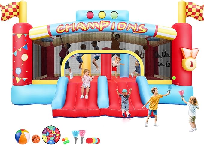 Big Inflatable Obstacle Bounce House for Big Kids, 13FT Outdoor Inflatable Bouncers, Double Basketball Hoop,Throw Ball Game,Punching Game,Jumping Bouncy Castle (Extra Large NO Blower)