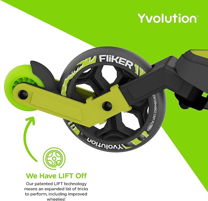 Yvolution Fliker Kids Drift Scooter, Adjustable Handlebar in 3 Heights, 3 Wheels, for Boys and Girls Age 7+ Years Old, Max User Weight 220lbs/100kg