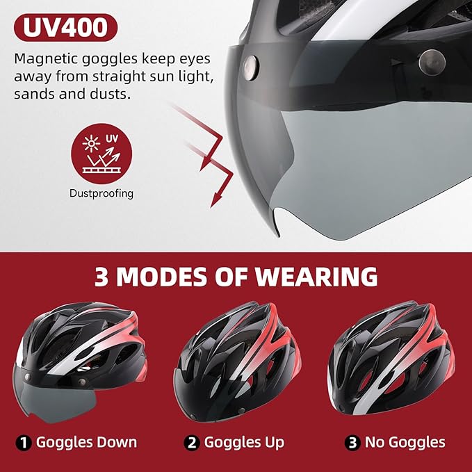 Adult Bike Helmet, Bicycle Helmet with Rear LED Light & Detachable Magnetic Goggles, CPSC/CE Certified Cycling Helmet Adjustable for Men Women Mountain & Road