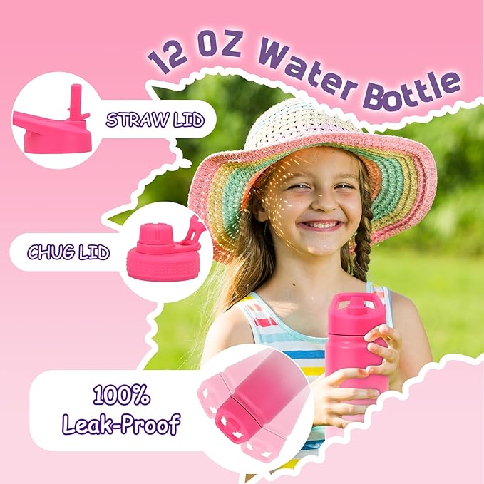 Mininoo Insulated Kids Water Bottle, 12 oz Stainless Steel Water Bottle Kids with Straw Lid and Chug Lid for Girls, Boys (Sweat Peach)