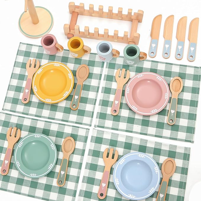 Wooden Play Kitchen Accessories Set with Detachable Dish Rack and Utensil Holder - Complete Set for Toddlers 3-5, Includes Plates and Cups, Colorful Cutlery for Pretend Play, Ideal Gift