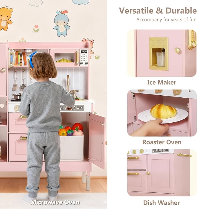 Kinder King Wooden Kids Play Kitchen, Kitchen Playset for Toddler Kid, Play Kitchen Toy Set w/Real Sounds, Pretend Microwave Oven, Ice Maker, Telephone, Gift for Boys Girls Age 3+, Pink