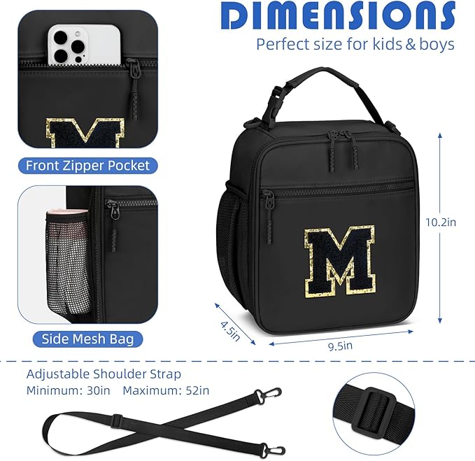 Initial Insulated Lunch Bag for Boys Kids, Back to School Gift, Reusable Leak-proof Lunch Box with Adjustable Strap for School Daycare Travel Picnic（Black，M）