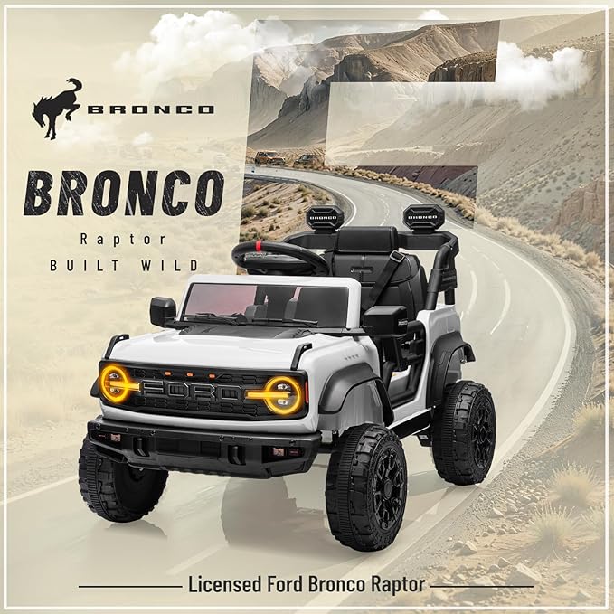 12V Ride on Toy for Kids, Ford Bronco Raptor Kids Electric Car with Parent Remote Control, Battery Powered Truck Car with 4-Wheel Suspension, LED Light, Bluetooth, 3 Speeds (12V, White)
