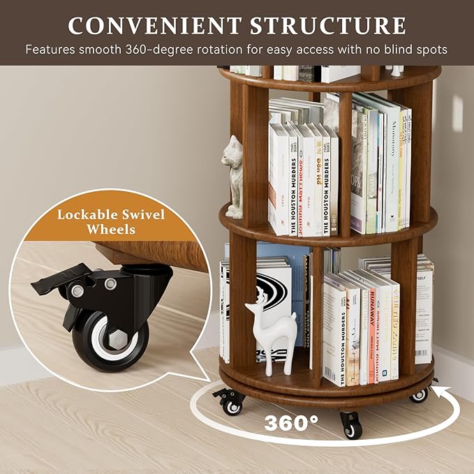 Rotating Bookshelf Tower with Wheels, 6 Tier Walnut Wood Round Spinning Bookshelf Tower, 360° Revolving Bookcase Rolling for Kids Adult, Rotation Book Shelf for Bedroom, Living, Office, Corner