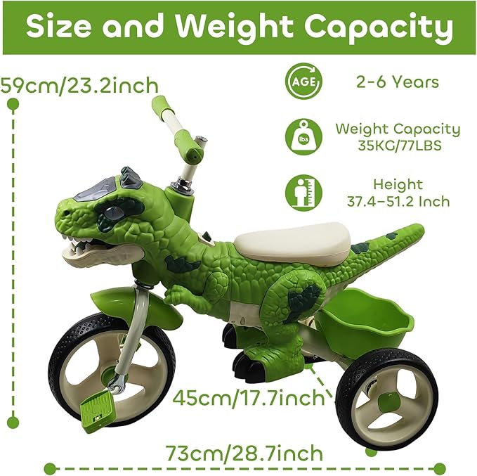 Dinosaur Kids Tricycle for Ages 2-6, Toddler Tricycle Bike Big Wheel Trike with Music Lighting and Rubber Tires, Preschool Daycare Kids Bike, Gift and Toy for 2-6 Boys and Girls