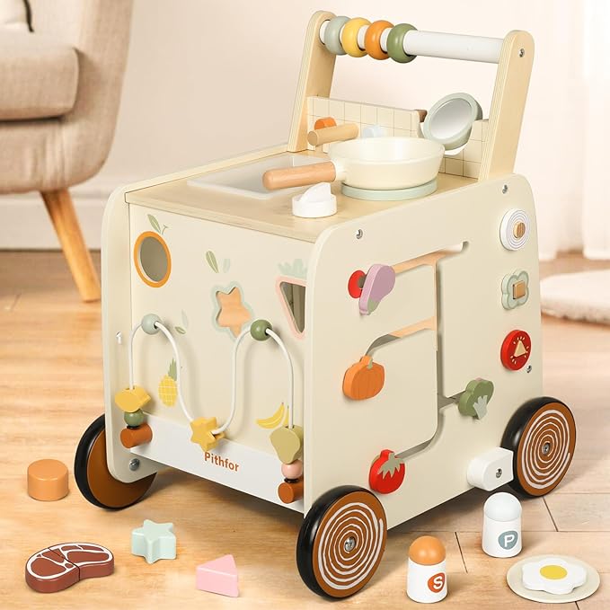 Wooden Baby Walker, 3-in-1 Baby Push Walker, with Pretend Kitchen, Montessori Sensory Activity Center, Push Walker Toys for Babies Learning to Walk, Sit-to-Stand