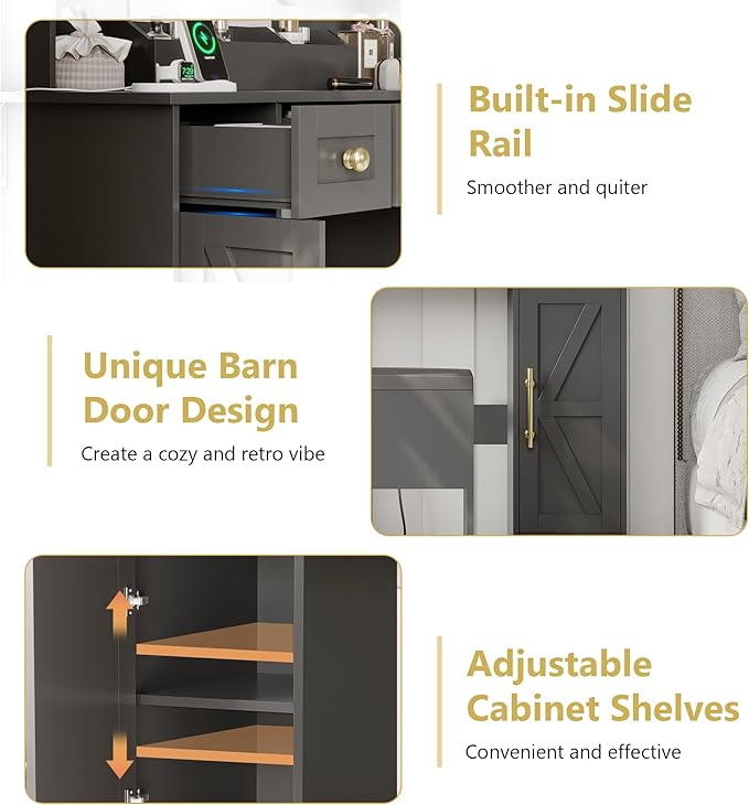 Vanity Makeup Desk with Mirror and Lights, Farmhouse Vanity Table Set with Storage Drawers, Charging Station & Chair, 43" Large Rustic Dressing Table, 3 Lighting Modes for Women Girls Bedroom, Black