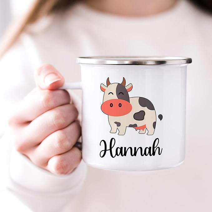 Personalized Mug for Kids, Boys, Girls | Customized Cocoa, Hot Chocolate, Coffee & Milk Cup | Custom Name Birthday Gift Party Favors | 11 Oz Stainless Steel Camping Mug Unbreakable | Cow