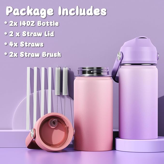 14oz Kids Insulated Water Bottle with Straw Lid - 18/8 Stainless Steel Kid Cup Travel Tumbler Double Wall Vacuum Leak Proof Portable Toddler Water Bottle (Pink+Purple）