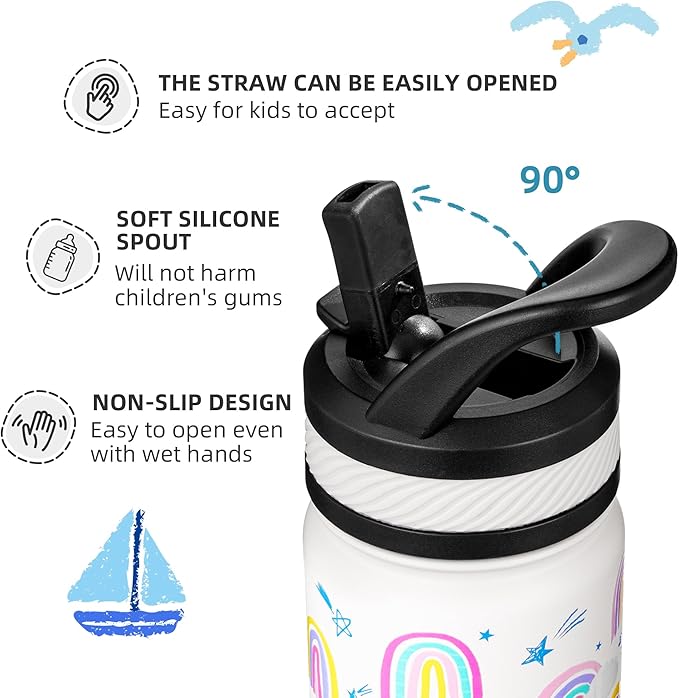 Fanhaw 18 Oz Kids Insulated Water Bottle with Straw - Stainless Steel Double Wall Vacuum Cup, Leakproof, BPA Free, Suitable for Boys and Girls(White - Rainbow Dream)
