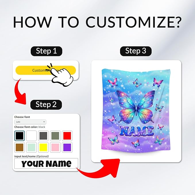 Custom Kids Blanket - Butterfly Gifts for Girls - Soft Flannel Cute Throws for Office, Sofa Room Decor, 4 Size