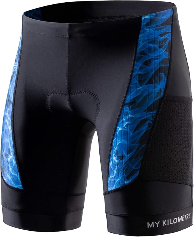 MY KILOMETRE Mens Triathlon Shorts with Adjustable Drawstring Easy Reach Leg Pockets Chamois for Long-Distance Tri Race